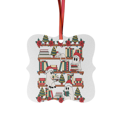 Ghosts on Bookshelf Aluminum Christmas Ornament – Cute Holiday Booklover Decoration