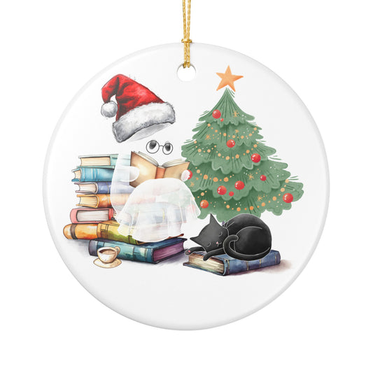 Christmas Reading Ceramic Ornament — Ghost with Books & Sleeping Cat Holiday Decoration