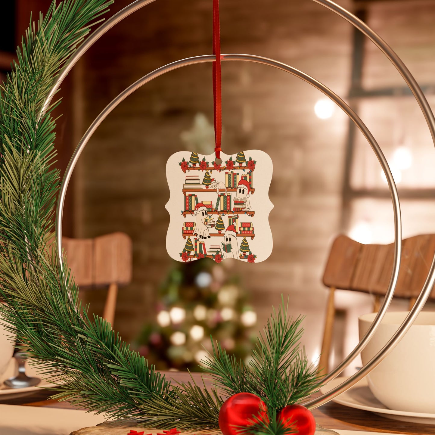 Ghosts on Bookshelf Aluminum Christmas Ornament – Cute Holiday Booklover Decoration