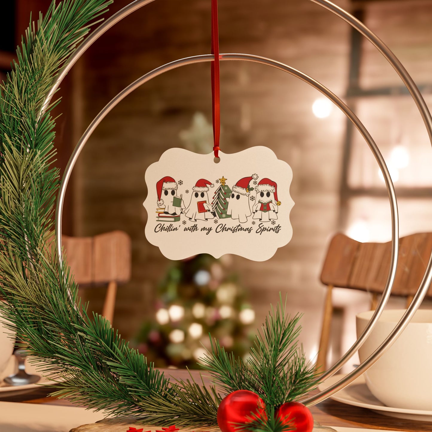 Aluminum Ornament - "Chillin' with my Christmas Spirits" Ghost Readers Holiday Decoration