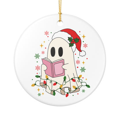 Ghost Reader Ceramic Ornament — Cute Christmas Ghost with Santa Hat & Lights